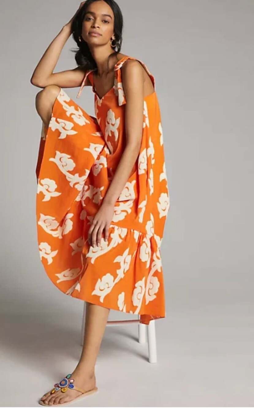 Exquise Phoebe Flounced Maxi Dress Size L Orange Ivory Anthropologie